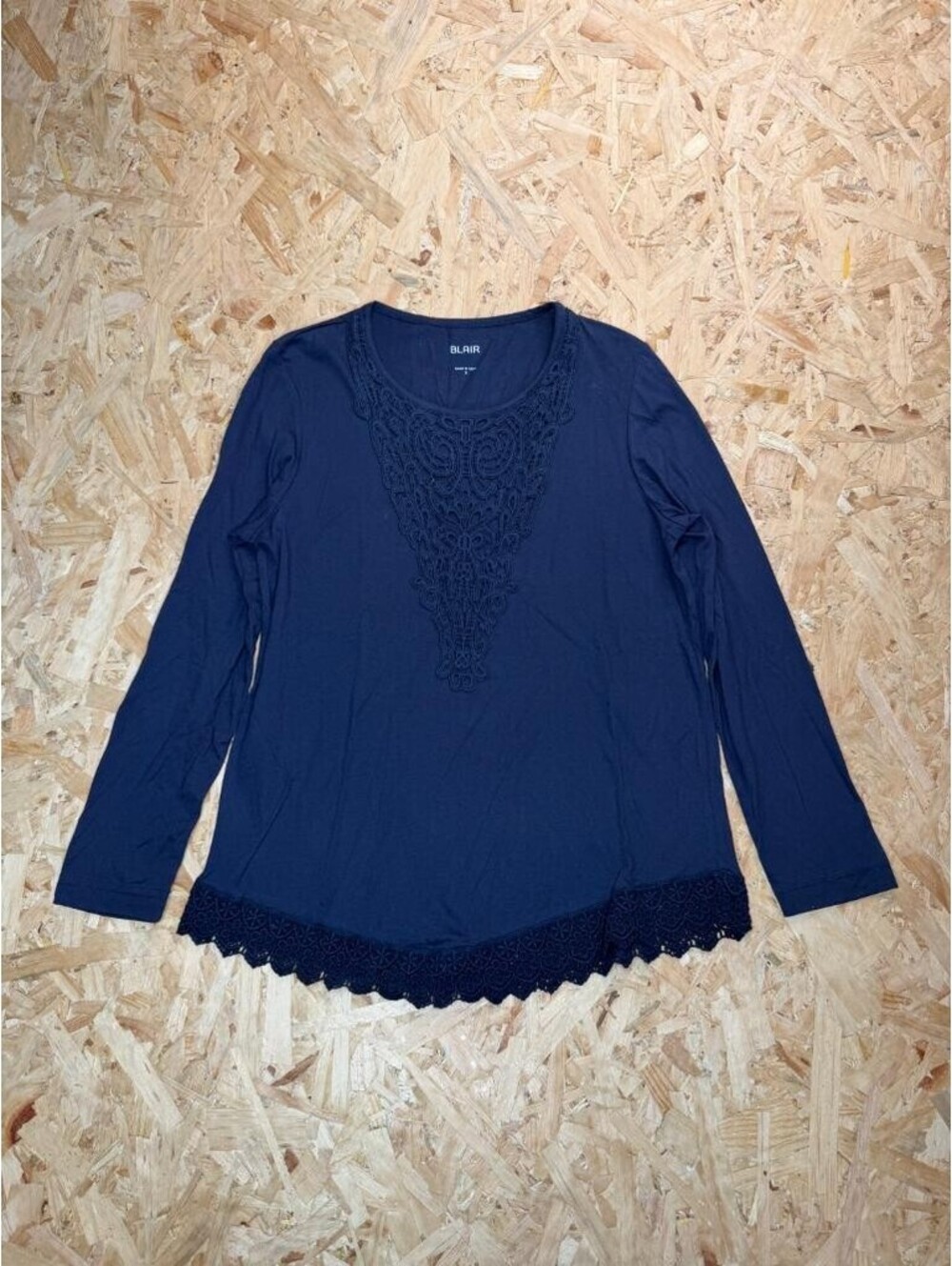 Blair Womens Small Navy Blue Long Sleeve Top Crochet Lace Trim Neckline Hem